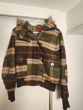 VTG Y2K 1970s Style Wool Blend Plaid Bomber Jacket Faux Fur Trim Hood Medium EUC